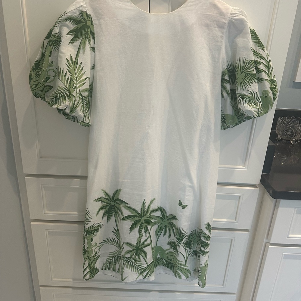 Olivia James White Dress with Green Palm Leaf Print
